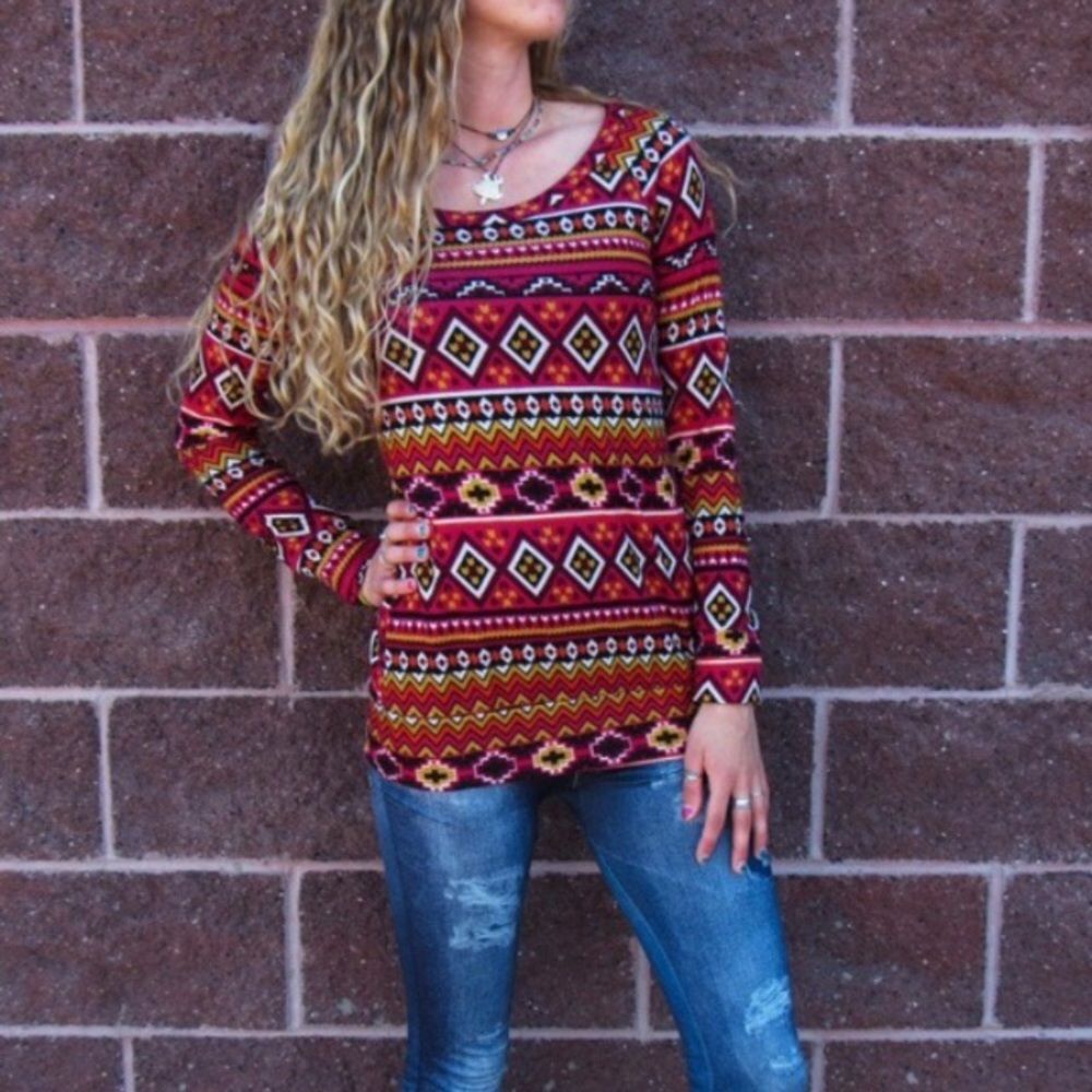 Navajo Print Cranberry Color Long Sleeve
